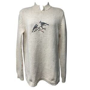 Woolrich Oatmeal Heather Bird Appliqué Pullover Knit Sweater Sz Medium Mock Neck